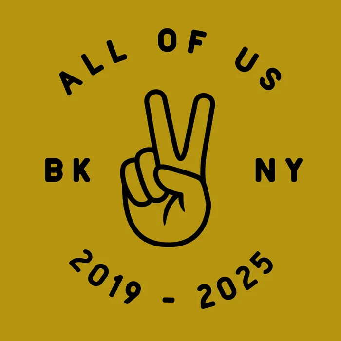 Bar Meridian farewell badge — All of us, BK NY, 2019 – 2025, with a peace sign hand