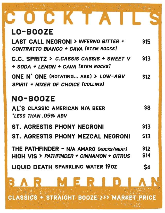 Bar Meridian lo-booze and no-booze cocktails menu