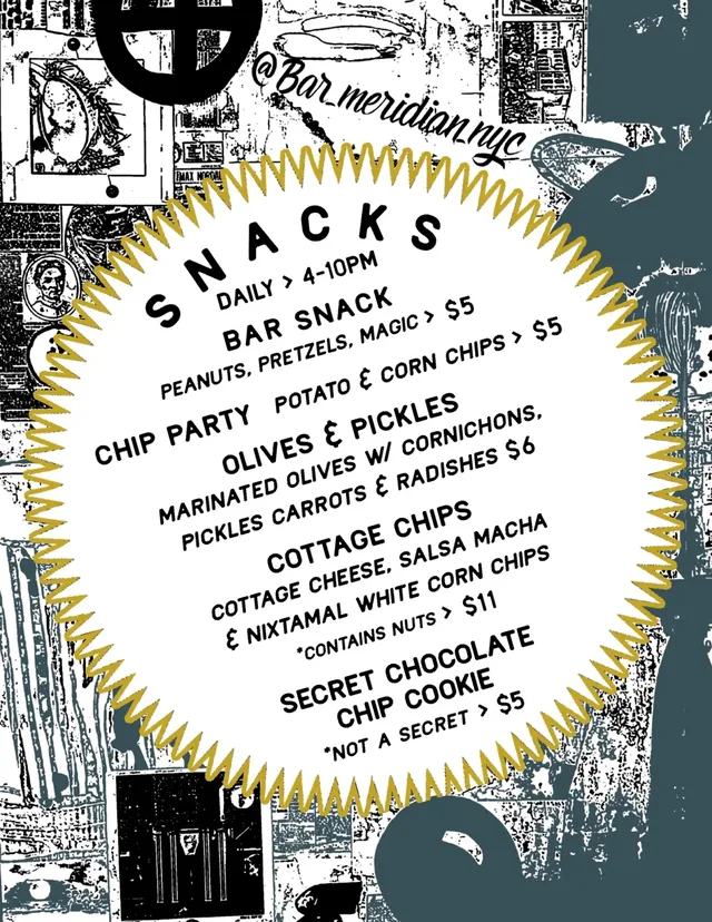 Bar Meridian snacks menu, daily 4-10pm